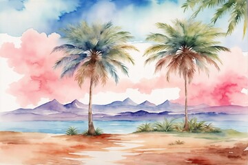 Fototapeta na wymiar Watercolor Palm Island Background, Watercolor Palm Island Wallpaper, Watercolor Painting of Palm Island Scenery, Palm Island Background, AI Generative