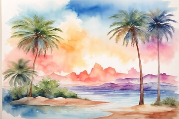 Fototapeta na wymiar Watercolor Palm Island Background, Watercolor Palm Island Wallpaper, Watercolor Painting of Palm Island Scenery, Palm Island Background, AI Generative