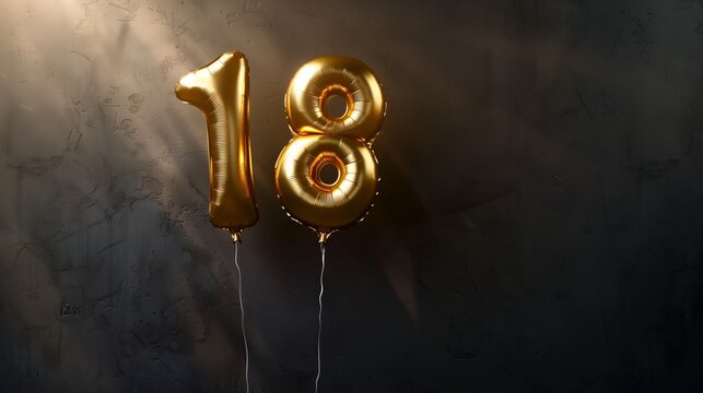 Golden foil balloon number 18 on dark background. Gold birthday decoration