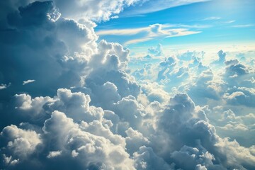 Blue sky with clouds from above,White clouds on blue sky background close up, cumulus clouds high in azure skies,  AI generated