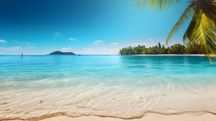 Fototapeta na wymiar Imagine 3dSunny tropical ocean beach with palm trees and turquoise water background