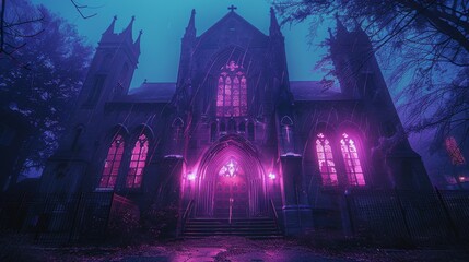 Mystical old church illuminated by purple lights at night, surrounded by eerie fog - obrazy, fototapety, plakaty