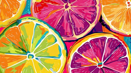 Pop art inspired citrus fruit slices with bold outlines and colors - obrazy, fototapety, plakaty