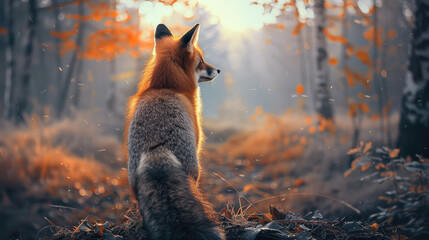 Fox from behind at the forest. Generative AI. - obrazy, fototapety, plakaty