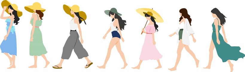 夏服を着た女性のイラストセット