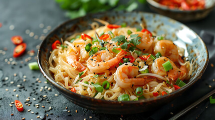 Asian rice noodles with shrimp and vegetables close-up on the table, top view of a horizontal, hyperrealistic food photography