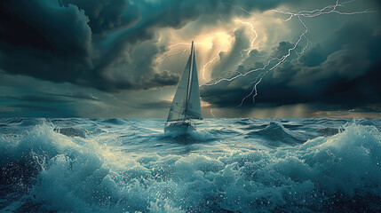 Sea, waves, lightning, thunderstorms, sailboat. Generative AI.