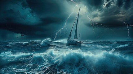 Sea, waves, lightning, thunderstorms, sailboat. Generative AI.