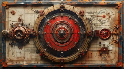 Intricate mechanical clockwork with gears, wheels, and dials on a rustic background