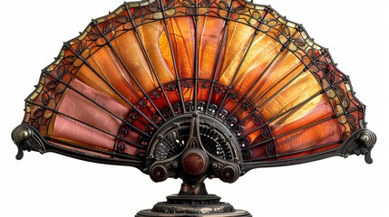 Vintage steam-powered fan with ornate design and vibrant stained glass