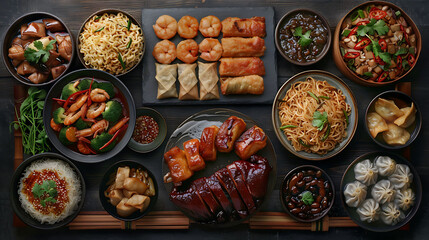Assorted Chinese food set, Chinese noodles, fried rice, dumplings, peking duck, dim sum, spring rolls, Famous Chinese cuisine dishes on table, Top view, Chinese restaurant concept, Asian style banquet