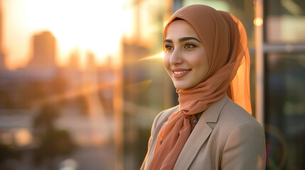 Successful middle eastern businesswoman standing in big city modern skyscrapers dreaming on new opportunities