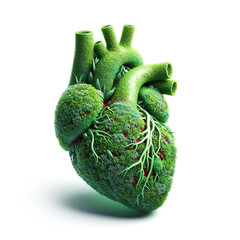 Conceptual image of green grass shaped like human heart. Healthy human heart is all about good ecology and nutrition. White background