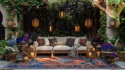 A luxurious outdoor seating area with beige sofa, beautiful flowers and lanterns, and a royal blue oriental carpet. Generative AI.