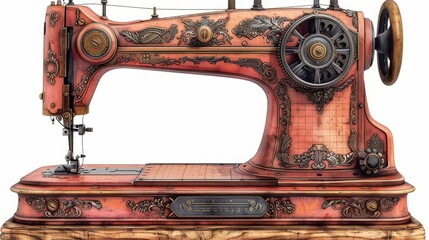 Vintage Victorian sewing machine with ornate design on technical blueprint background