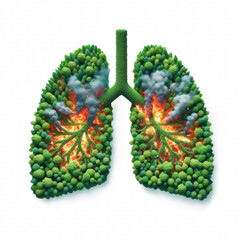 Forest in a shape of lungs - deforestation and global warming concept. Forest fires. White background