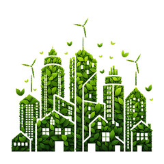 Silhouette green city with renewable energy sources. Ecological city and environment conservation