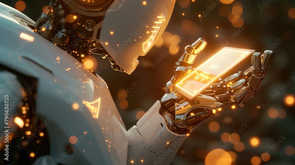 Poster a robot hand holds a glowing card, showing technology and the future in a dreamy universe. generativ
