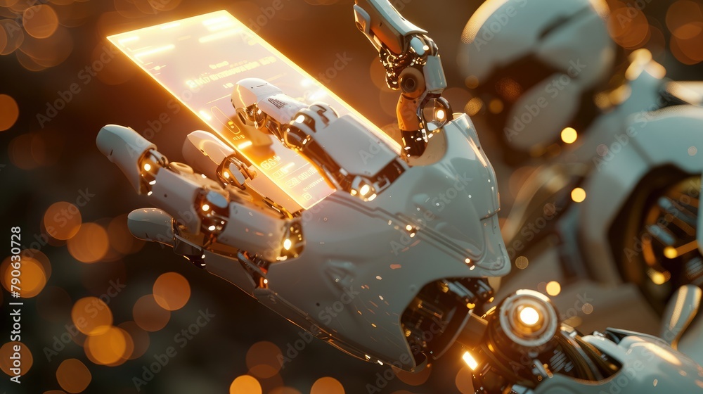 Aufkleber A robot hand holds a glowing card, showing technology and the future in a dreamy universe. Generative AI.