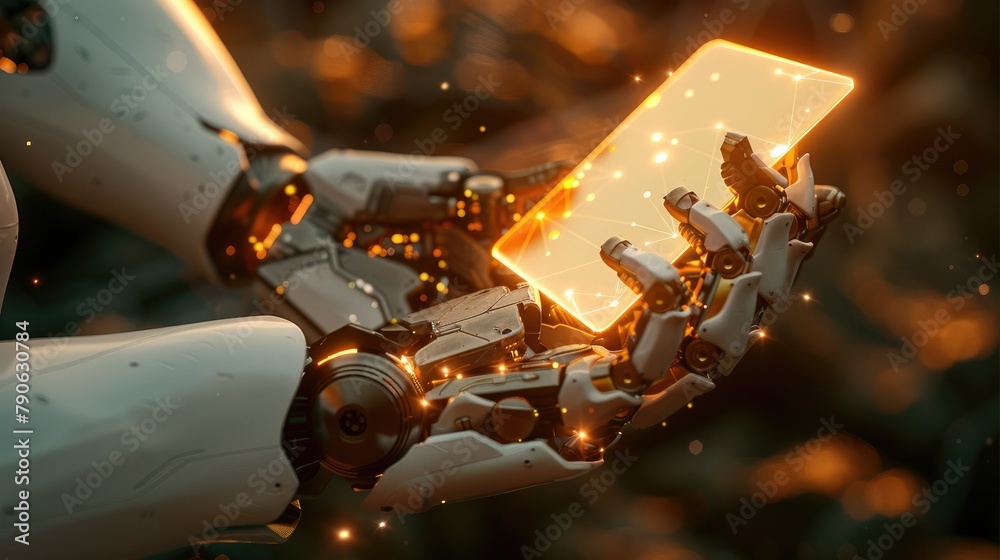 Poster a robot hand holds a glowing card, showing technology and the future in a dreamy universe. generativ