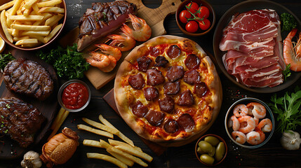 assorted foodset on table, Pizza Quattro formaggi on the Rome dough, pizza with parma ham, burges,...