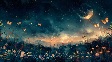 Fototapeta na wymiar Glowing Darkness: Ethereal Watercolor Scene of New Moon Night Illumination