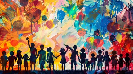 Naklejka premium Silhouettes of Children Against a Colorful Artistic Backdrop