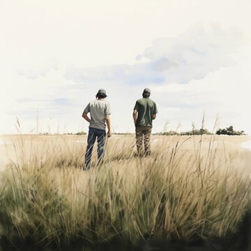 Watercolor Painting of Two Brothers Standing in a Field Together While Looking at the Horizon