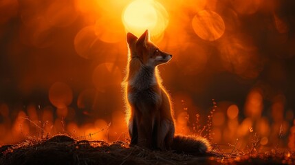 Majestic fox sits contemplatively against a stunning sunset backdrop