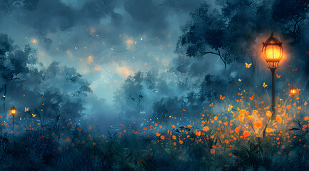 Luminous Tranquility: Watercolor Night Park with Vintage Lamp Illumination and Butterflies - obrazy, fototapety, plakaty