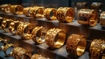 A large display of Chinese style gold bracelets, all with varying designs and sizes, The dark background highlights the golden hues of each bracelets, sleek. Generative AI.