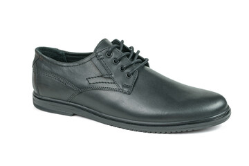 Men's leather shoe with laces insulated on a white background.