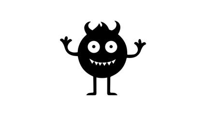 black and white shape of a cute monster with hands raised up in vector