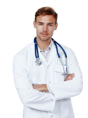 Fototapeta premium Man, doctor and confident in studio for health care on white background, serious and satisfied with career. Medical professional, portrait and committed on job, growth and support as specialist