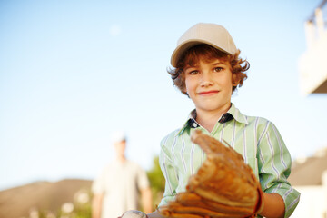 Boy, glove and baseball with portrait, outdoor and backyard in game with dad for love, bonding or teaching. Child, smile and ready for softball, sports and learning with papa for fun at family home - obrazy, fototapety, plakaty