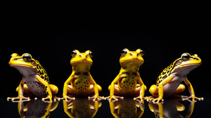Three frogs sitting next to each other with their eyes wide open.