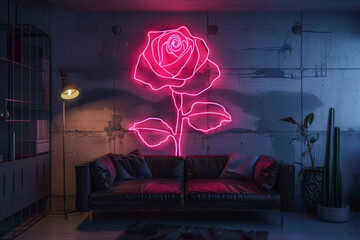 Rose neon light in a dark modern room
