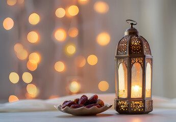 Fototapeta na wymiar Arabic lantern with dates and candle on bokeh lights background, eid-ul-adha muslim celebration