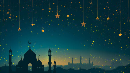 Eid Ul Adha background design, silhouettes of Islamic mosque with hanging stars and crescent moons - obrazy, fototapety, plakaty