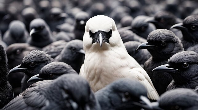 White bird stands out among flock of black birds.