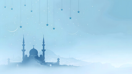 Eid Ul Adha background design, silhouettes of Islamic mosque with hanging stars and crescent moons - obrazy, fototapety, plakaty