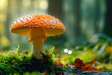 Large orange mushroom with drops of water on it and green background. - obrazy, fototapety, plakaty