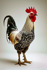 Rooster with red face stands proudly with its feathers fully fanned out.