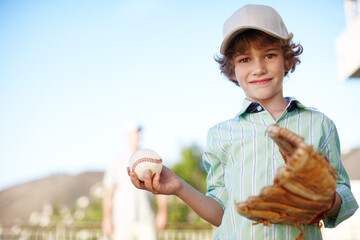 Boy, glove and baseball with portrait in backyard, games and play with dad for love, bonding and...