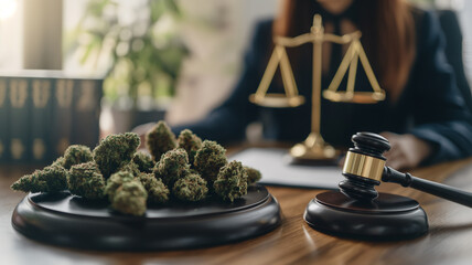 Cannabis buds on a desk in a legal setting with scales and gavel.