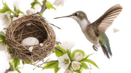 Hummingbird in flight near a nest with an egg, amidst blossoms.