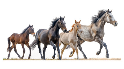 Four horses of varied colors galloping, isolated on white.