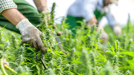 Hands in gloves pruning cannabis plants in a lush farm.