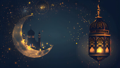 Eid mubarak greetings with islamic lantern, moon and mosque wallpaper background - obrazy, fototapety, plakaty