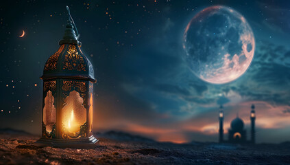 Eid mubarak greetings with islamic lantern, moon and mosque wallpaper background